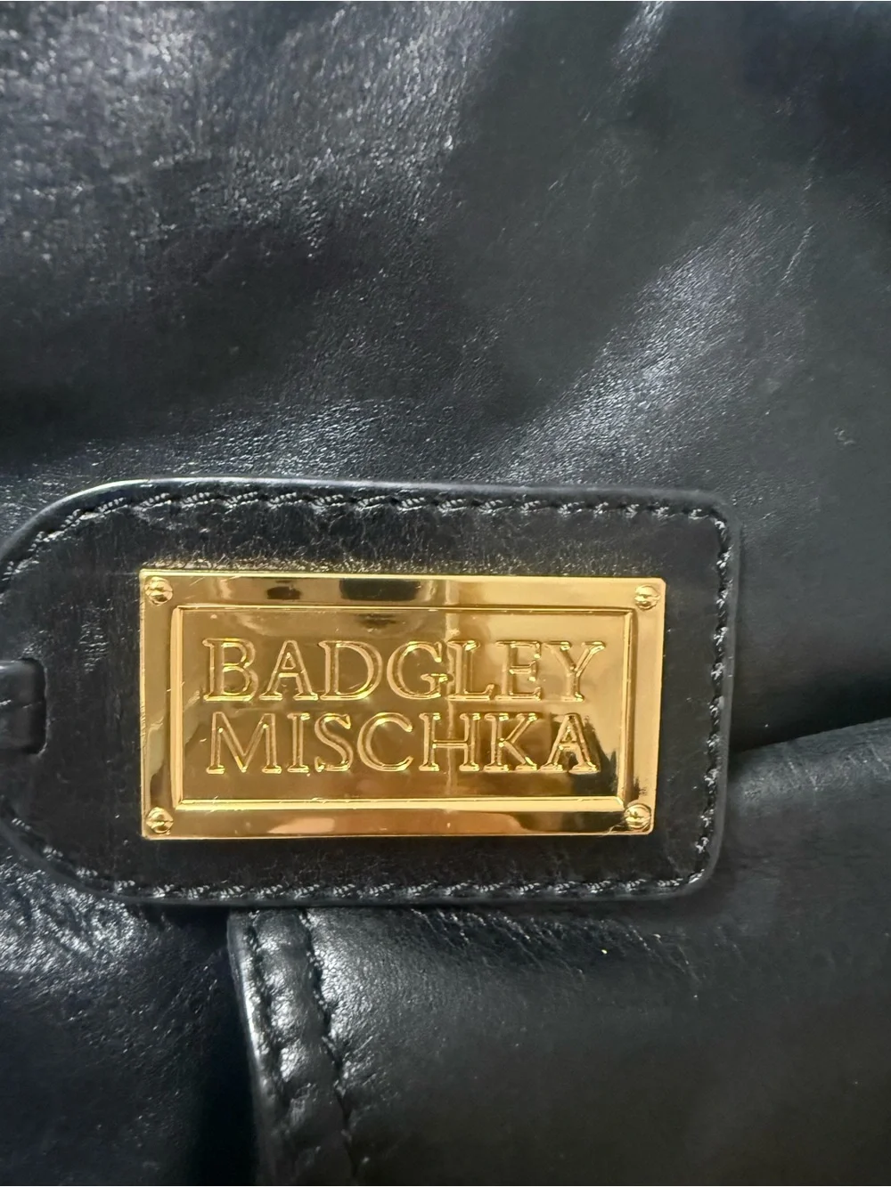 Badgley Mischka Black Leather Shoulder Bag with Gold-Tone Chain